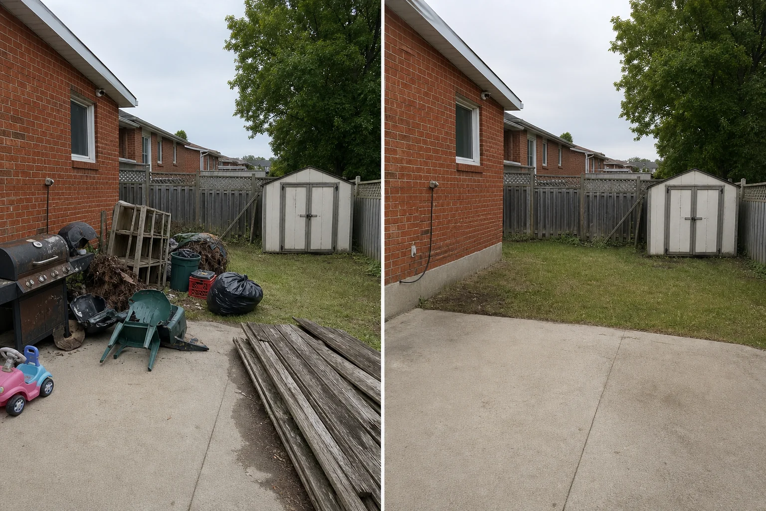 Illustrative before and after view of a cluttered residential backyard and patio cleared of outdoor junk