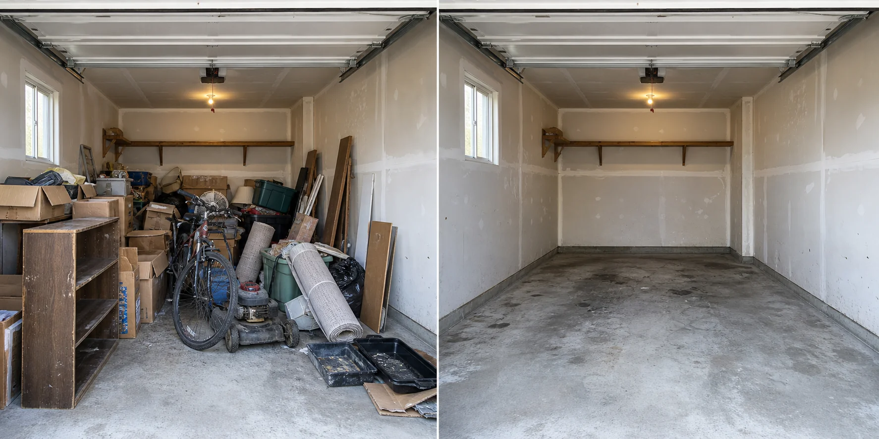 Illustrative before and after view of a crowded single-car garage completely cleared of stored junk